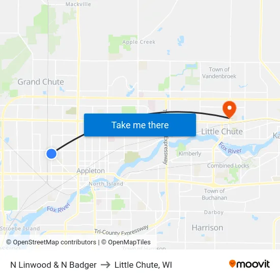 N Linwood & N Badger to Little Chute, WI map