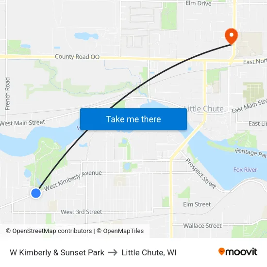 W Kimberly & Sunset Park to Little Chute, WI map