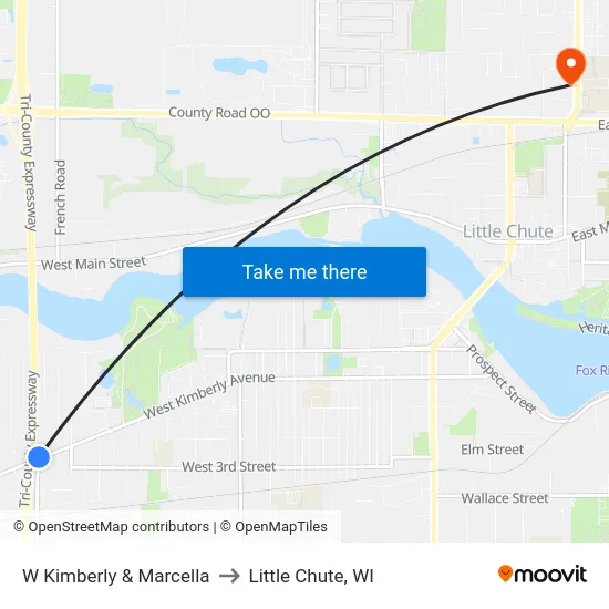 W Kimberly & Marcella to Little Chute, WI map