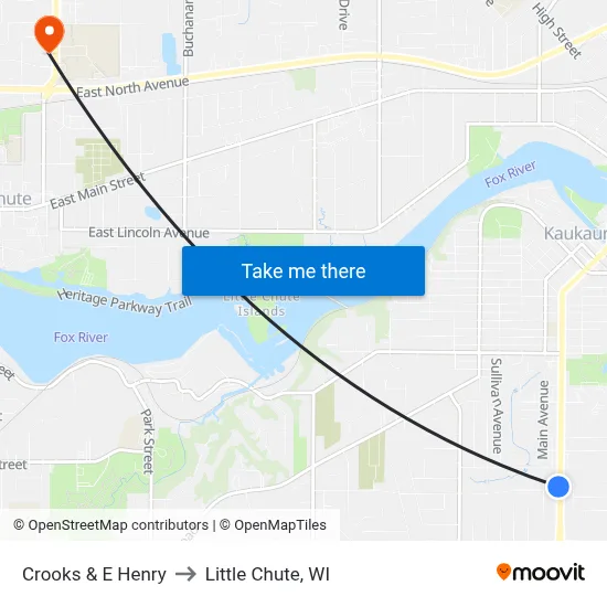 Crooks & E Henry to Little Chute, WI map