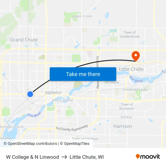 W College & N Linwood to Little Chute, WI map