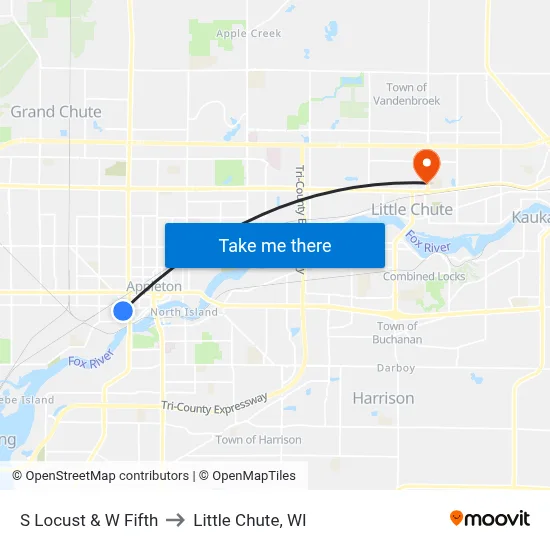 S Locust & W Fifth to Little Chute, WI map