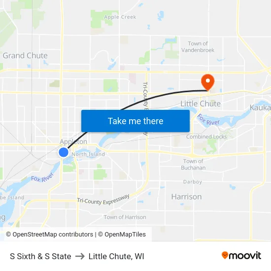 S Sixth & S State to Little Chute, WI map