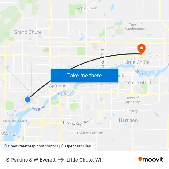 S Perkins & W Everett to Little Chute, WI map