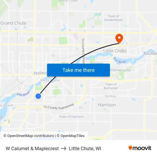 W Calumet & Maplecrest to Little Chute, WI map