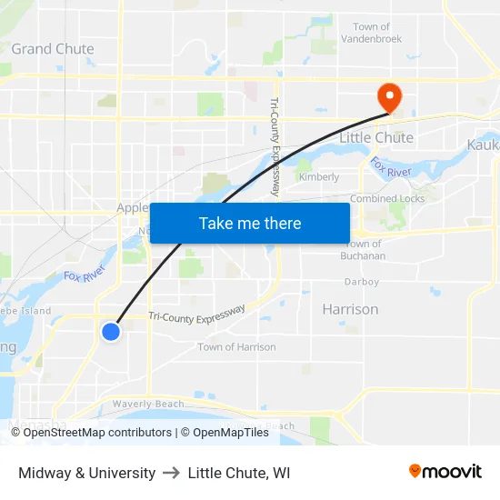 Midway & University to Little Chute, WI map