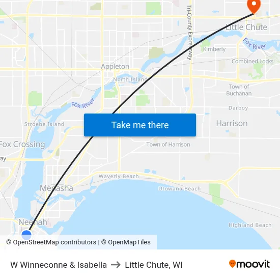 W Winneconne & Isabella to Little Chute, WI map
