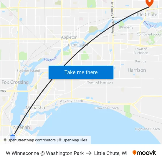 W Winneconne @ Washington Park to Little Chute, WI map