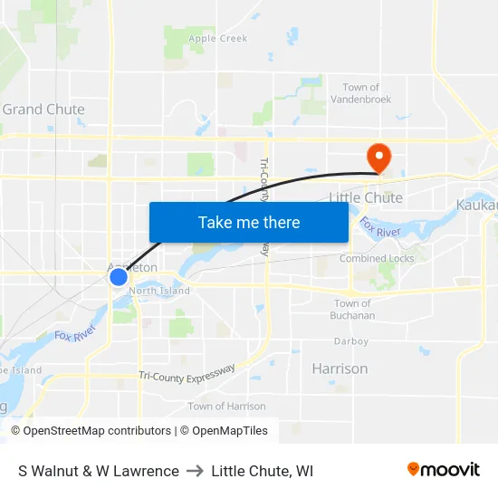 S Walnut & W Lawrence to Little Chute, WI map