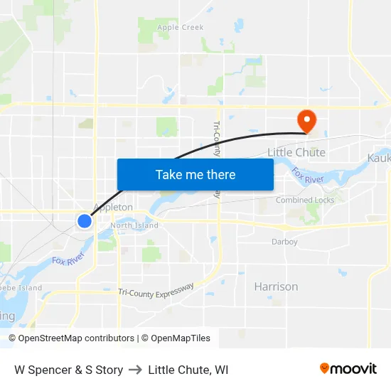 W Spencer & S Story to Little Chute, WI map