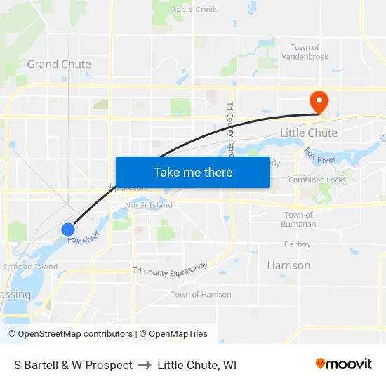 S Bartell & W Prospect to Little Chute, WI map