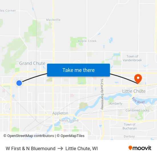 W First & N Bluemound to Little Chute, WI map