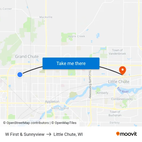 W First & Sunnyview to Little Chute, WI map