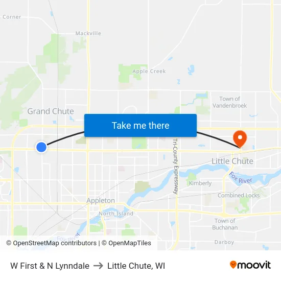 W First & N Lynndale to Little Chute, WI map