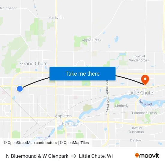 N Bluemound & W Glenpark to Little Chute, WI map