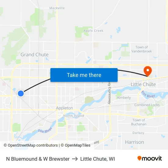 N Bluemound & W Brewster to Little Chute, WI map