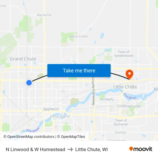 N Linwood & W Homestead to Little Chute, WI map