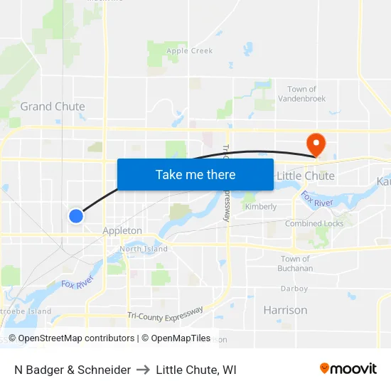 N Badger & Schneider to Little Chute, WI map