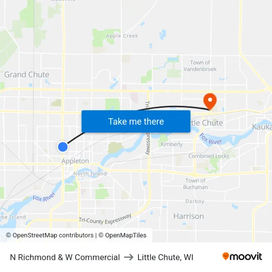 N Richmond & W Commercial to Little Chute, WI map