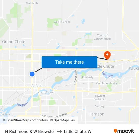 N Richmond & W Brewster to Little Chute, WI map