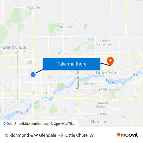 N Richmond & W Glendale to Little Chute, WI map