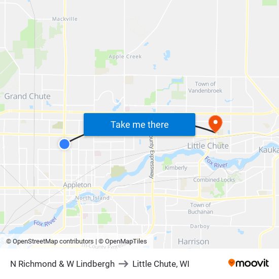 N Richmond & W Lindbergh to Little Chute, WI map