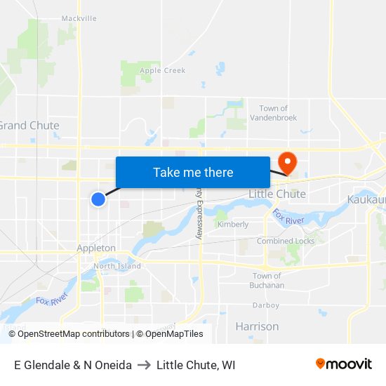 E Glendale & N Oneida to Little Chute, WI map
