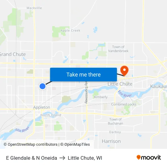 E Glendale & N Oneida to Little Chute, WI map
