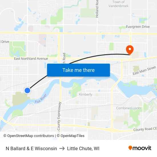 N Ballard & E Wisconsin to Little Chute, WI map