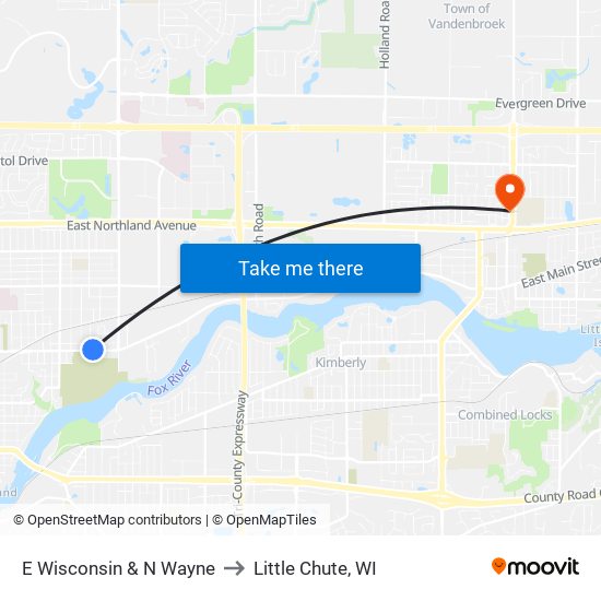 E Wisconsin & N Wayne to Little Chute, WI map