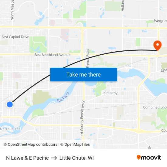 N Lawe & E Pacific to Little Chute, WI map
