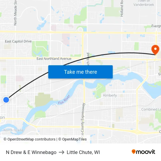 N Drew & E Winnebago to Little Chute, WI map