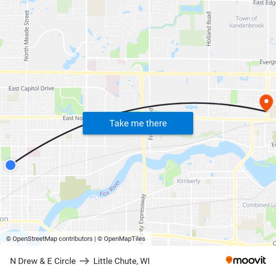 N Drew & E Circle to Little Chute, WI map