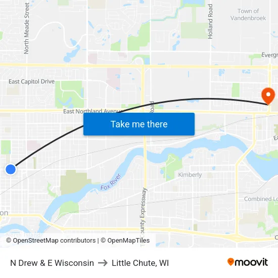 N Drew & E Wisconsin to Little Chute, WI map