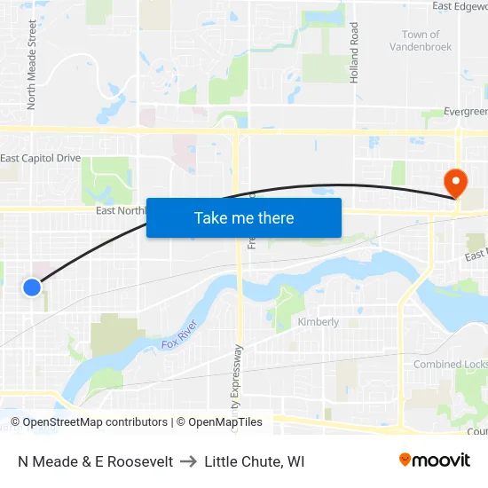 N Meade & E Roosevelt to Little Chute, WI map