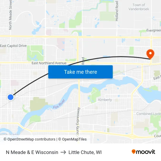 N Meade & E Wisconsin to Little Chute, WI map