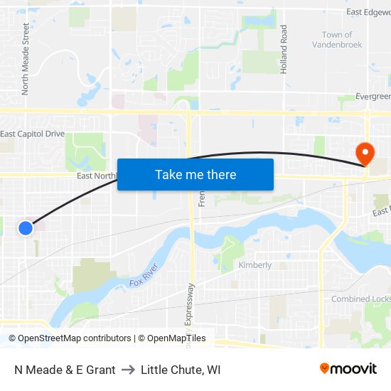 N Meade & E Grant to Little Chute, WI map