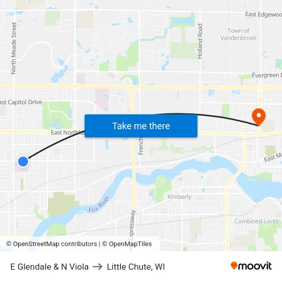 E Glendale & N Viola to Little Chute, WI map
