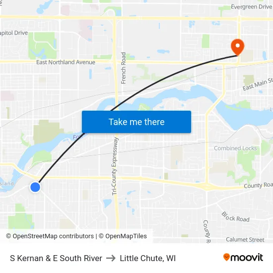 S Kernan & E South River to Little Chute, WI map