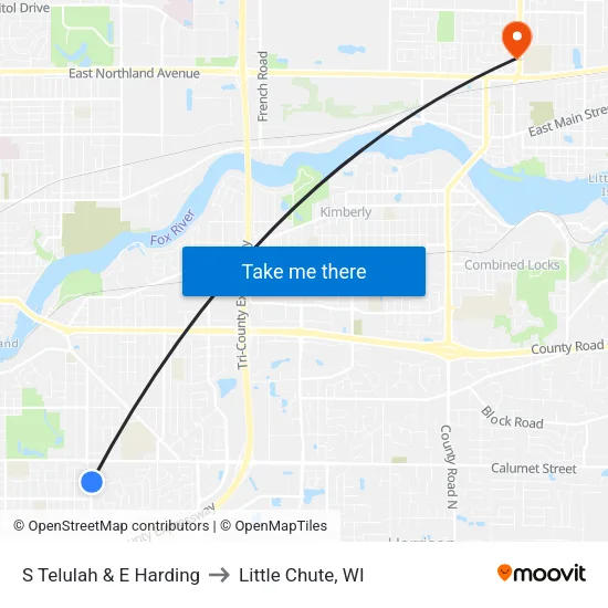 S Telulah & E Harding to Little Chute, WI map