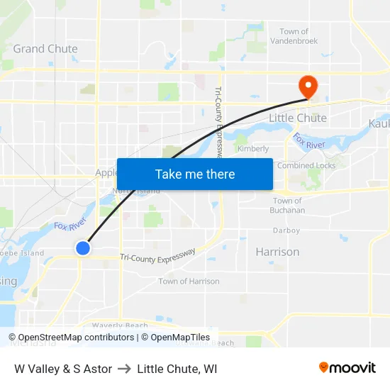 W Valley & S Astor to Little Chute, WI map