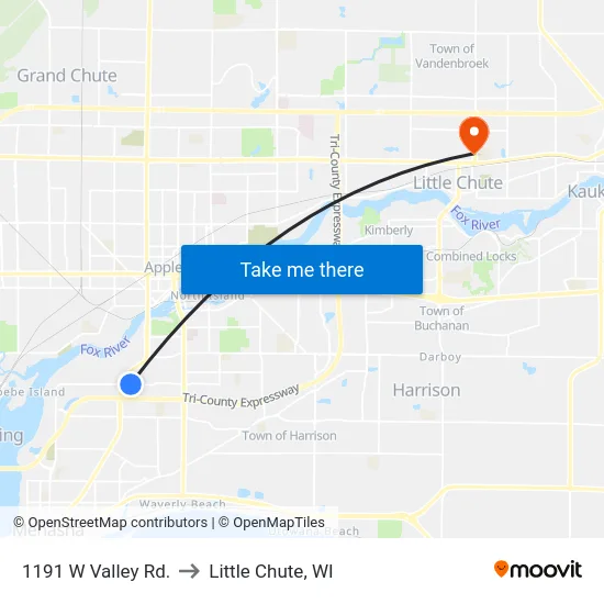1191 W Valley Rd. to Little Chute, WI map