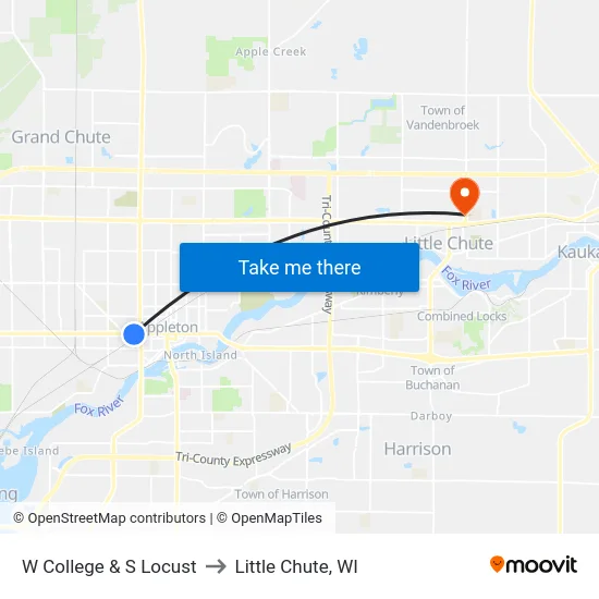 W College & S Locust to Little Chute, WI map