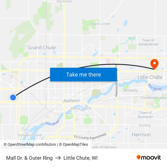 Mall Dr. & Outer Ring to Little Chute, WI map