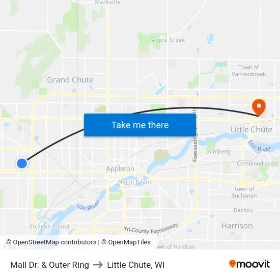 Mall Dr. & Outer Ring to Little Chute, WI map