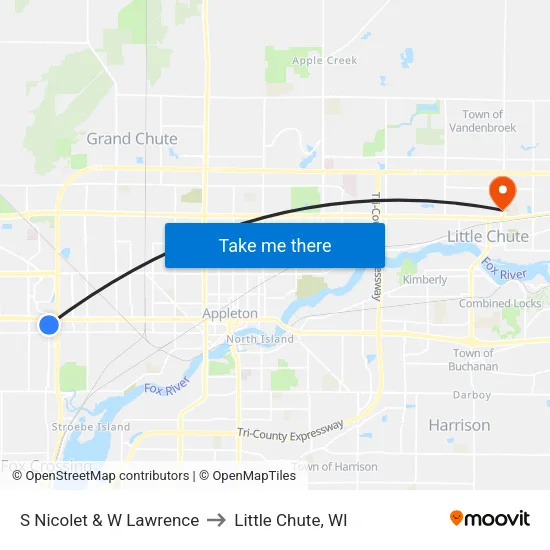 S Nicolet & W Lawrence to Little Chute, WI map