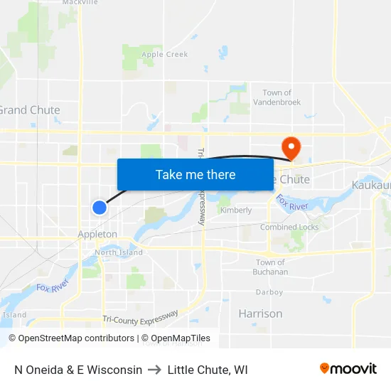 N Oneida & E Wisconsin to Little Chute, WI map