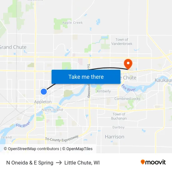 N Oneida & E Spring to Little Chute, WI map