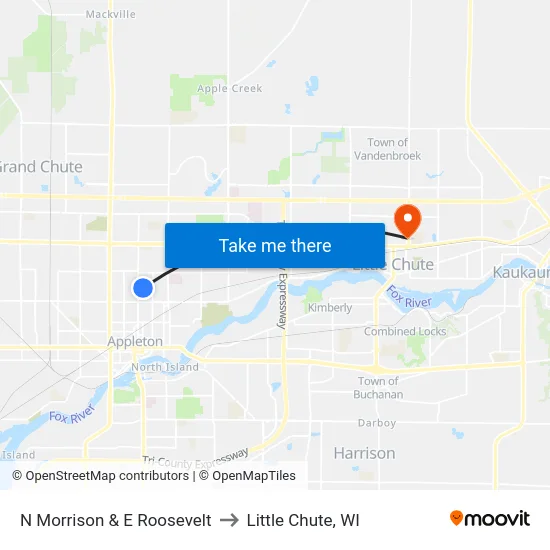 N Morrison & E Roosevelt to Little Chute, WI map
