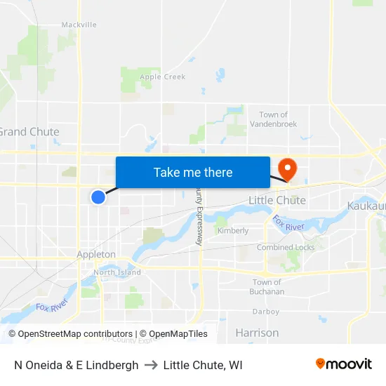 N Oneida & E Lindbergh to Little Chute, WI map